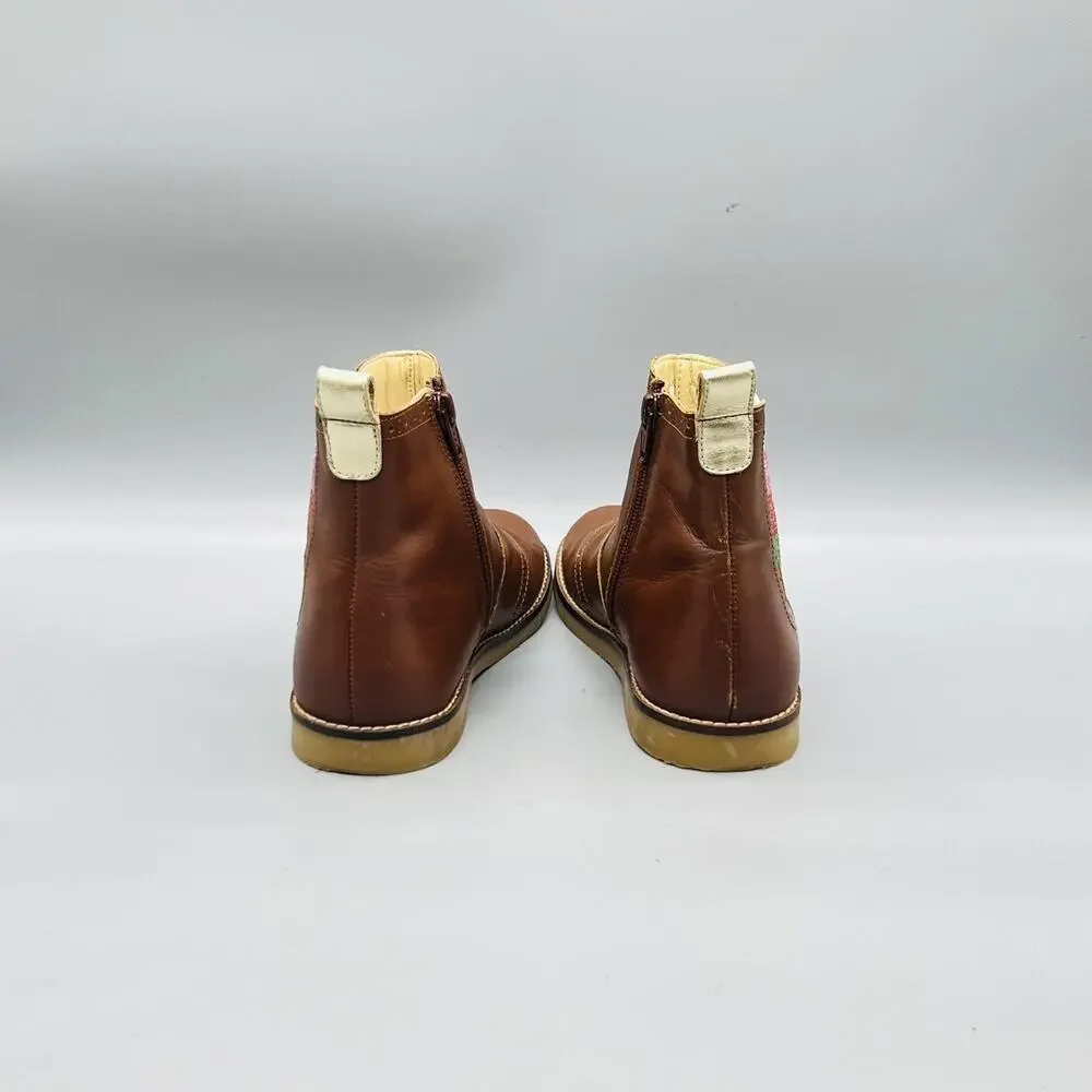 Mini Boden Boots Girls 1.5 Brown Leather Chelsea Ankle Glitter Stripe Zip Brogue